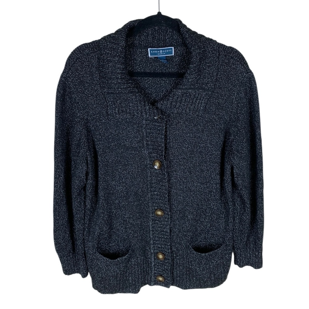 Karen Scott Black Heathered Long Sleeve Shawl Collar Button Up Cardigan Size 1X